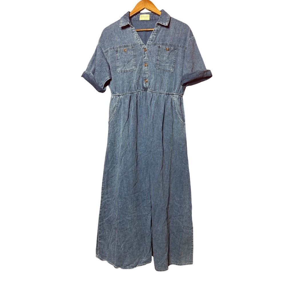 Inherit Clothing Company Women Large Blue Rayon Denim Maxi Dress Elastic Waist